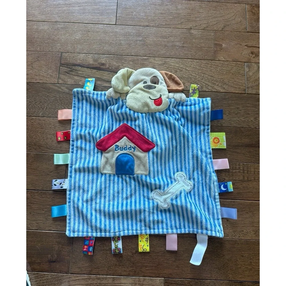 Taggies Peek A Boo Buddy Puppy Dog Baby Blanket Blue Stripe Bone Security Lovey